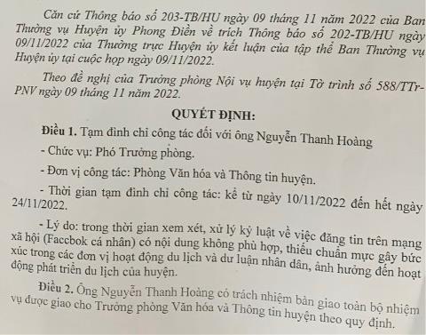 Chủ tịch UBND huyện Phong Điền thông tin về vụ Phó phòng Văn hoá bị tạm đình chỉ công tác