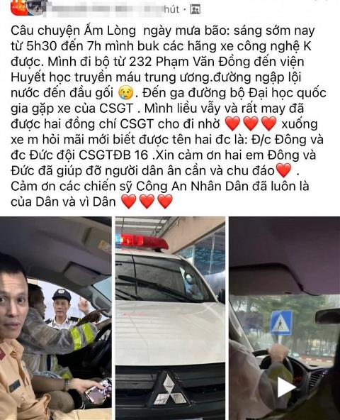 Cảnh sát giao thông giúp người dân đi điều trị bệnh trong mưa bão