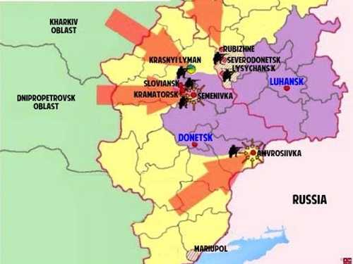 Các hướng tấn công của quân chính phủ Ukraina chống các lực lượng ly khai ở miền đông Ukraina, trong đó tập trung đánh chiếm hai thành phố lớn là Donetsk và Lugansk.
