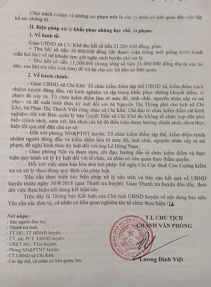 UBND huyện Con Cuông đã ra Thông báo Kết luận số 78TBKL-UBND trả lời vấn đề báo chí nêu và có hướng xử lý những cá nhân và tập thể vi phạm.